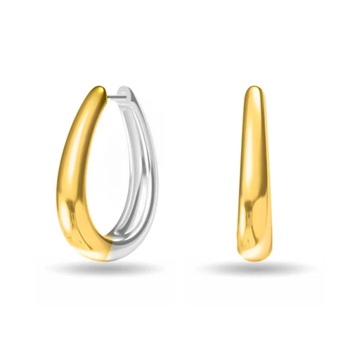 Two-tone teardrop-shaped earrings with a sleek, modern design featuring a gold front and silver back.
