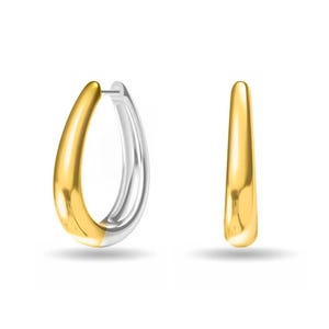 Two-tone teardrop-shaped earrings with a sleek, modern design featuring a gold front and silver back.