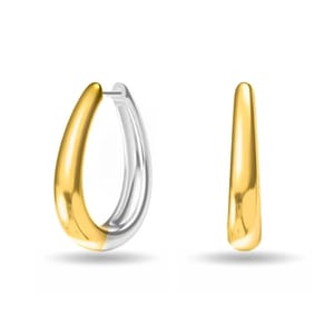 Two-tone teardrop-shaped earrings with a sleek, modern design featuring a gold front and silver back.