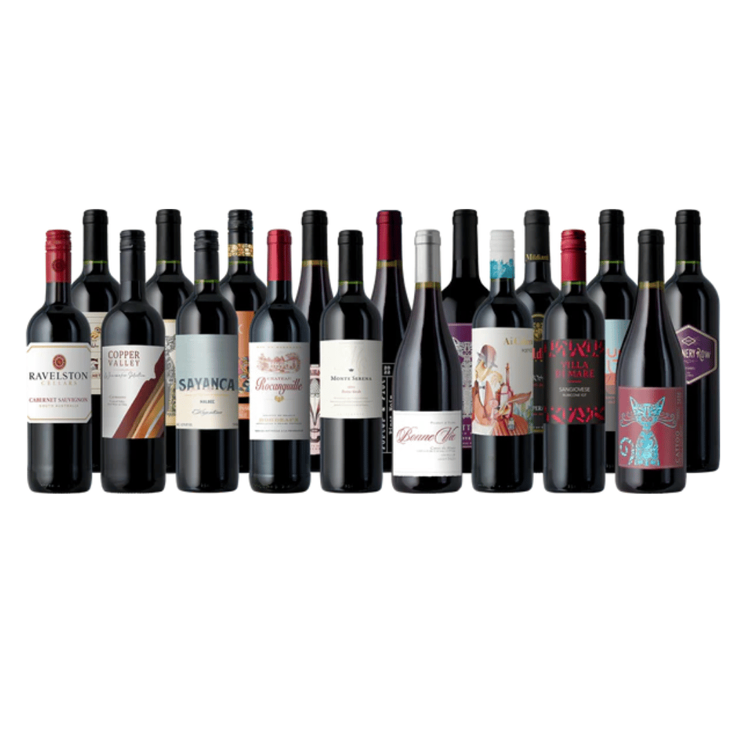 A collection of assorted red wine bottles, featuring various labels and designs, in a neatly arranged lineup.