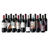 A collection of assorted red wine bottles, featuring various labels and designs, in a neatly arranged lineup.