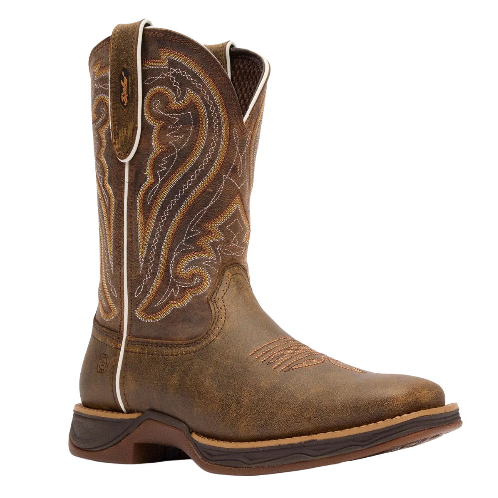 Brown cowboy boot with decorative stitching, a rounded toe, and a pull-on design.