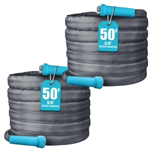 Two coiled garden hoses, each 50 feet long with a 5/8-inch inside diameter, featuring blue fittings.