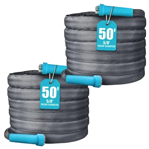 Two coiled garden hoses, each 50 feet long with a 5/8-inch inside diameter, featuring blue fittings.