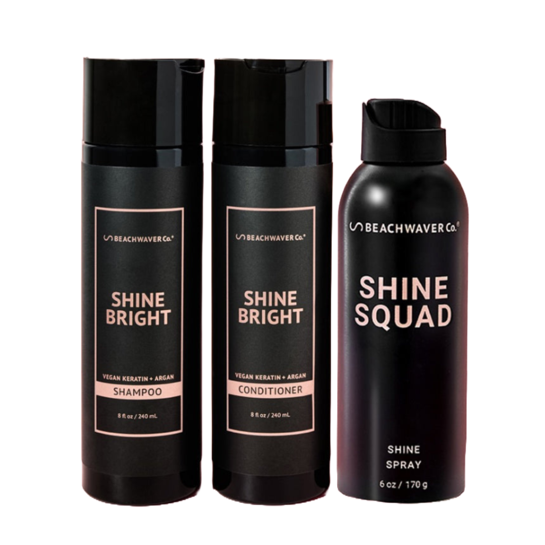 Beachwaver Co. Shine Bright Shampoo and Conditioner, both with vegan keratin and argan, 8 fl oz, alongside Shine Squad Shine Spray, 6 oz.