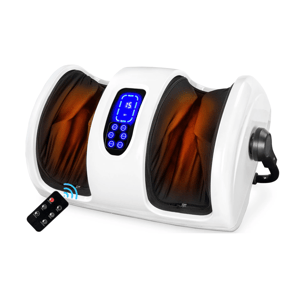 A white foot and leg massager with an LED display and remote control, shown being used for feet and calves.