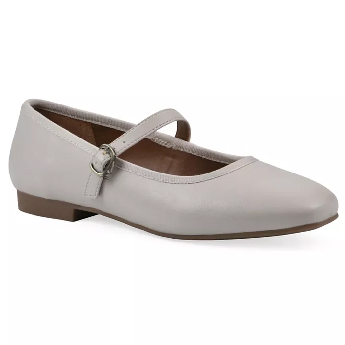 A gray Mary Jane flat with a buckle strap and low heel, featuring a simple and classic design.