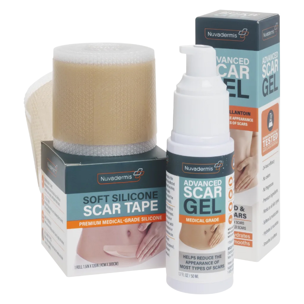 Nuvadermis offers Soft Silicone Scar Tape and Advanced Scar Gel, designed to reduce scar appearance. The tape is premium medical-grade silicone, and the gel contains allantoin to help improve most scar types.