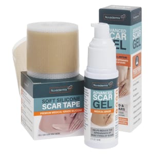 Nuvadermis offers Soft Silicone Scar Tape and Advanced Scar Gel, designed to reduce scar appearance. The tape is premium medical-grade silicone, and the gel contains allantoin to help improve most scar types.