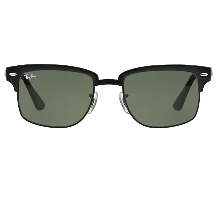 Black square-framed Ray-Ban sunglasses with green lenses.