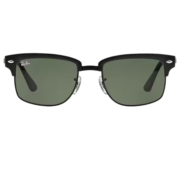 Black square-framed Ray-Ban sunglasses with green lenses.