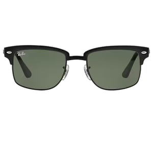 Black square-framed Ray-Ban sunglasses with green lenses.