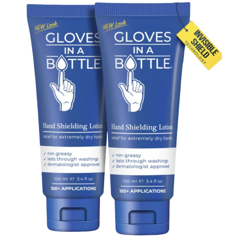 2-pack of Gloves In A Bottle Hand Shielding Lotion, offering relief for extremely dry hands. Features include non-greasy formula, durability through washings, dermatologist approval, and over 100 applications per 100 ml (3.4 fl oz) tube.