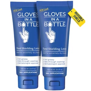 2-pack of Gloves In A Bottle Hand Shielding Lotion, offering relief for extremely dry hands. Features include non-greasy formula, durability through washings, dermatologist approval, and over 100 applications per 100 ml (3.4 fl oz) tube.