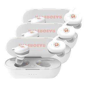3-pack of HyperGear Wireless Earbuds, each with a white oval charging case. Each earbud has a small hook for secure fit and features a logo on the side. Cases are equipped with charging indicators.