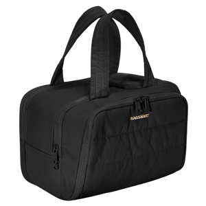 A black BAGSMART tote with dual handles and a zippered closure, featuring a front pocket and a sleek, compact design.