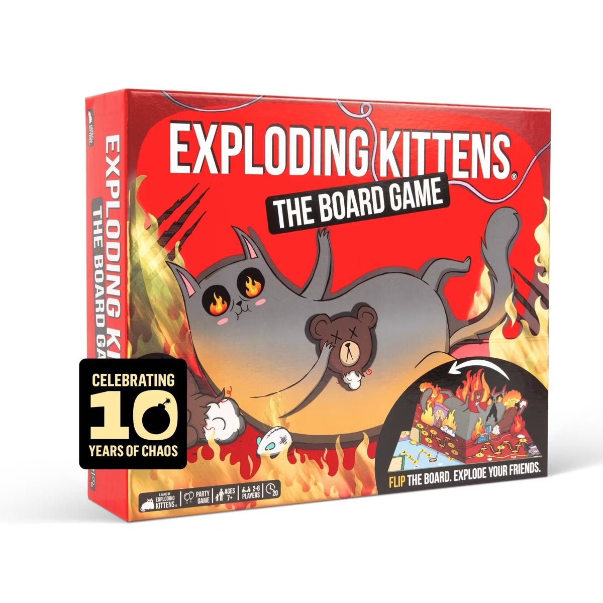 Exploding Kittens: The Board Game celebrates 10 years with a chaotic design featuring a flaming cat and teddy bear. Suitable for ages 7+, 2-6 players.