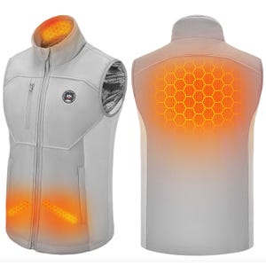 A gray heated vest featuring hexagonal heating elements on the neck, lower front, and upper back. The vest includes a zippered front and a visible control button on the chest.