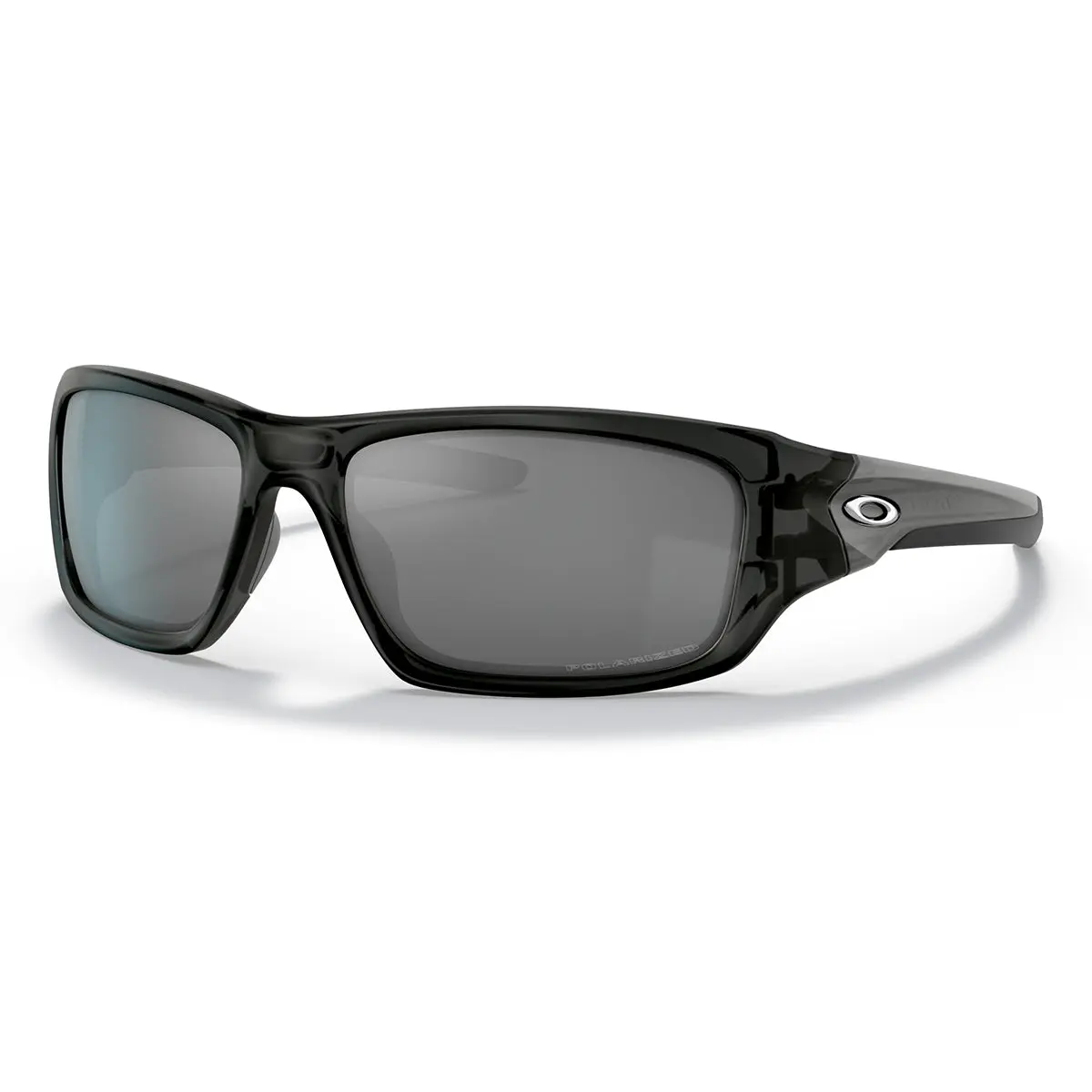Black sports sunglasses with polarized dark lenses and a sleek wraparound design, featuring the Oakley logo on the side.