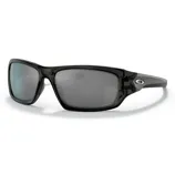 Black sports sunglasses with polarized dark lenses and a sleek wraparound design, featuring the Oakley logo on the side.