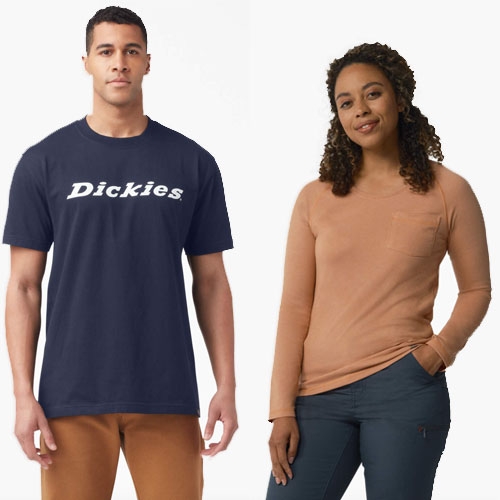 Two people are shown modeling a dark blue T-shirt with the Dickies logo and a slim-fit, long-sleeve peach top.