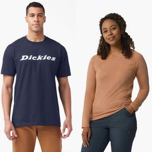 Two people are shown modeling a dark blue T-shirt with the Dickies logo and a slim-fit, long-sleeve peach top.