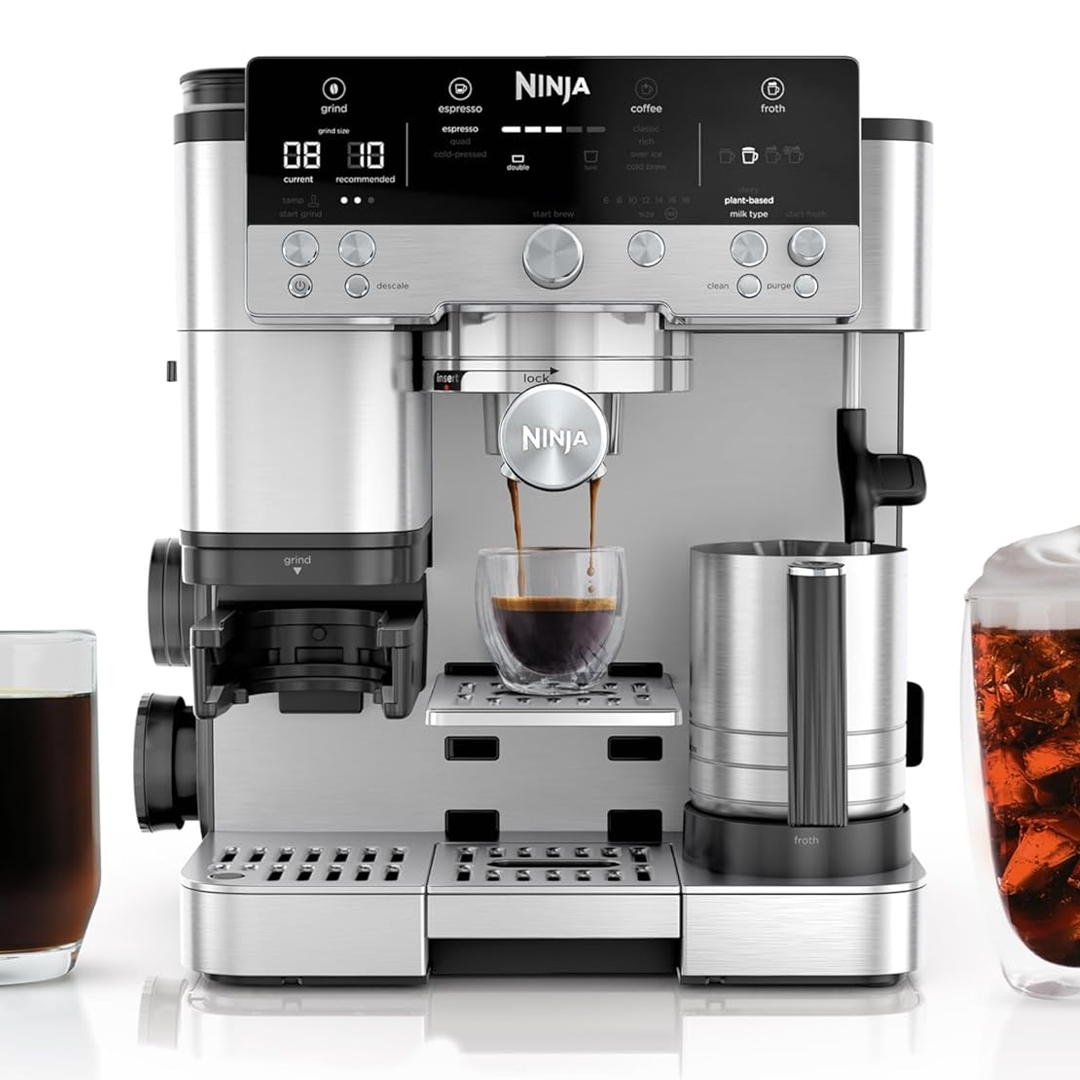 Ninja coffee machine with features for grinding, brewing espresso, making coffee, and frothing milk, alongside a glass of coffee and an iced coffee with foam.