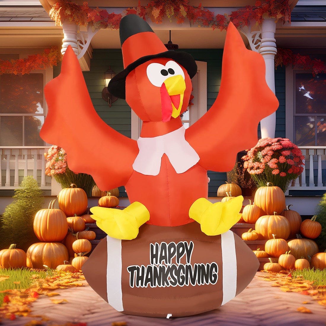 Inflatable turkey decoration with a pilgrim hat and \“Happy Thanksgiving\“ message on a football, surrounded by pumpkins and autumn foliage.