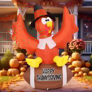 Inflatable turkey decoration with a pilgrim hat and \“Happy Thanksgiving\“ message on a football, surrounded by pumpkins and autumn foliage.