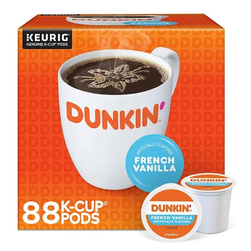 A box containing 88 Dunkin' Keurig K-Cup pods in French Vanilla flavor is displayed with a cup of coffee on the front.