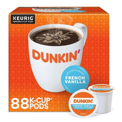 A box containing 88 Dunkin' Keurig K-Cup pods in French Vanilla flavor is displayed with a cup of coffee on the front.