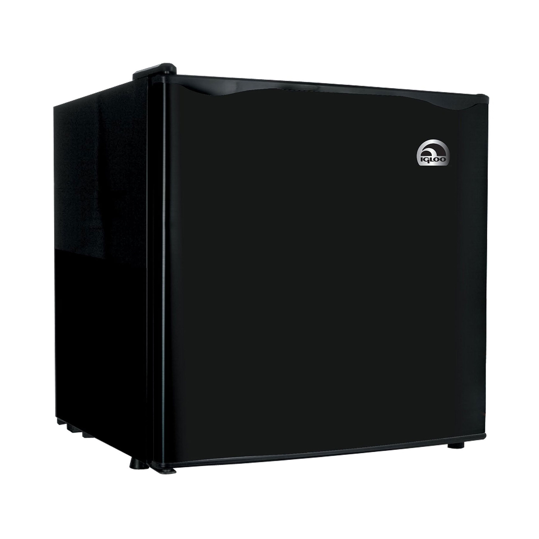 Black Igloo Mini Fridge with a compact cube shape, featuring a small logo on the front. It has a sleek design suitable for small spaces.