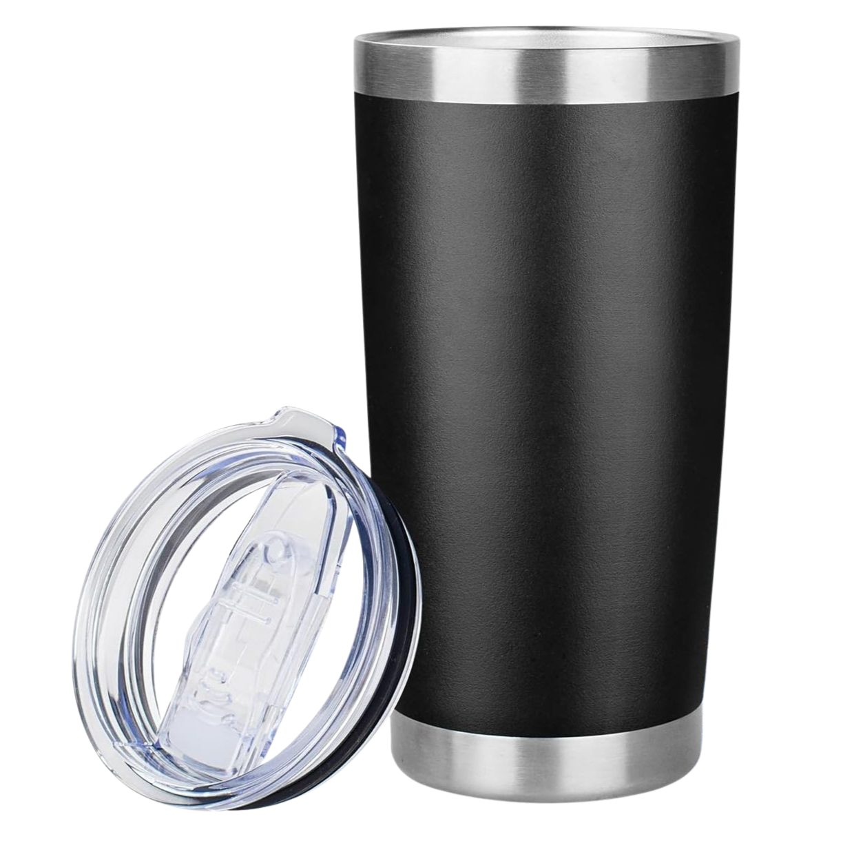 A black stainless steel tumbler with a clear plastic lid.