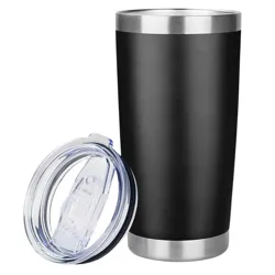 A black stainless steel tumbler with a clear plastic lid.