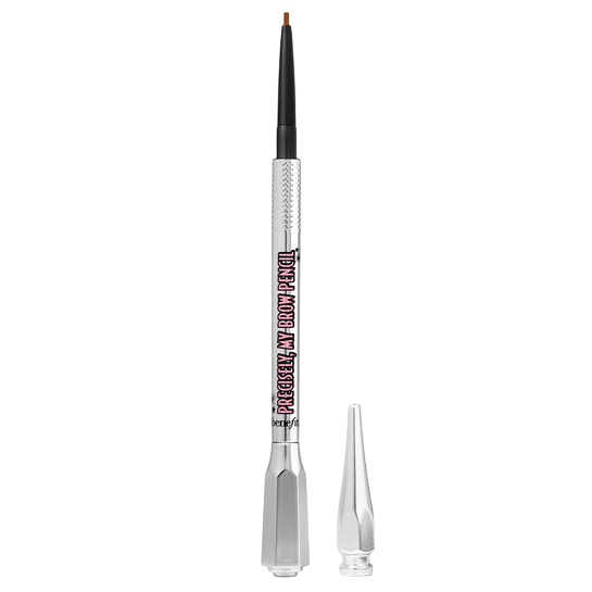 An eyebrow pencil with a silver body, labeled \“Precisely, My Brow Pencil\“ from Benefit Cosmetics, featuring a very fine tip for detailed application and a removable cap.