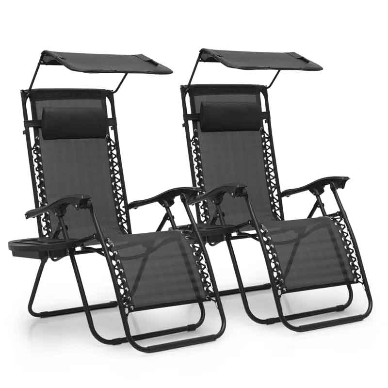 Two black zero gravity chairs with adjustable canopies for sun protection, featuring headrests and armrests, supported by sturdy frames and elastic lacing for comfort.