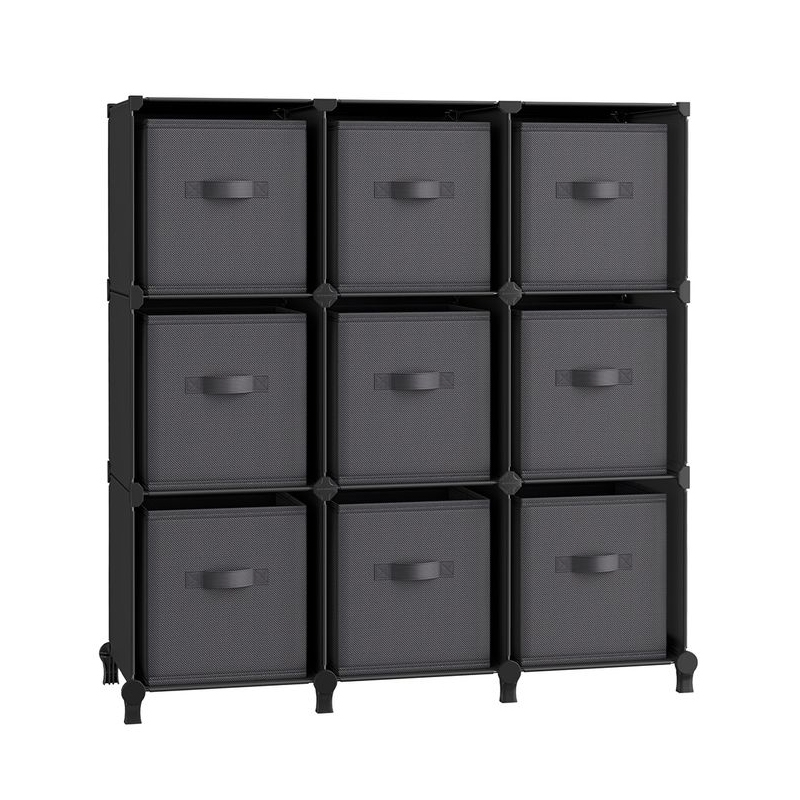 Black 9-cube organizer with gray fabric drawers, each featuring a handle. It provides modular storage, ideal for organizing various items.
