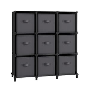 Black 9-cube organizer with gray fabric drawers, each featuring a handle. It provides modular storage, ideal for organizing various items.