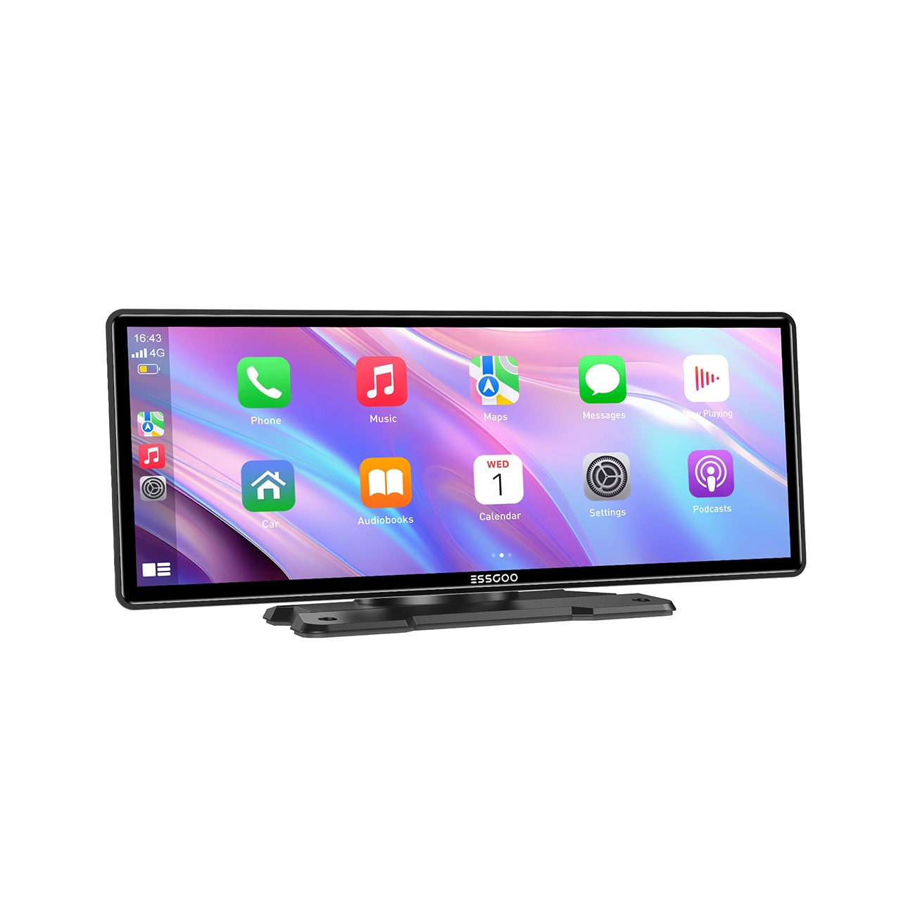 10\“ wireless car display by ESSGOO shows apps like Phone, Music, Maps, and Messages on a sleek, rectangular screen.