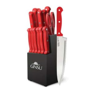 A 14-piece kitchen knife set featuring red-handled knives and scissors housed in a black block with the brand \“Ginsu\“ printed on it. The set includes various knife types for different culinary tasks.