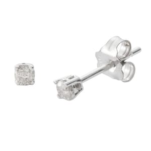 A pair of silver stud earrings featuring small round-cut clear stones, set in a simple prong design with butterfly backs.