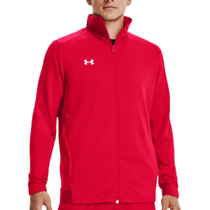 A red Under Armour full-zip track jacket with a high collar and side pockets, featuring the brand's logo on the left chest.