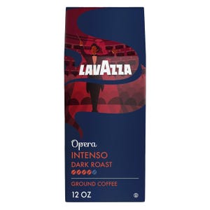Lavazza Opera Intenso is a dark roast ground coffee, packaged in a 12 oz bag. The design features a conductor in an opera setting, and indicates a bold flavor profile with multiple coffee bean icons.