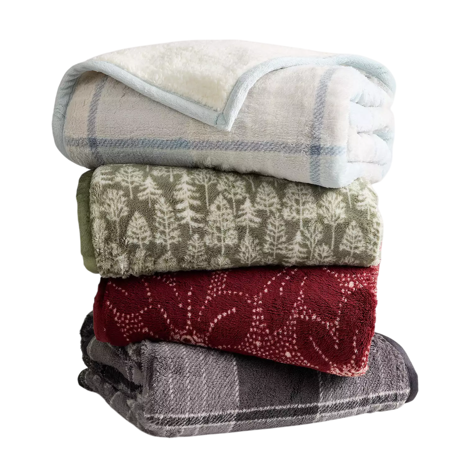 A stack of four cozy blankets with different designs: a white and blue checked pattern, green with tree motifs, red with abstract designs, and a gray plaid.