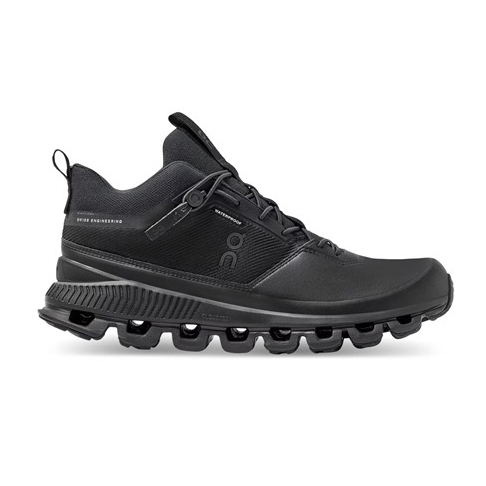 The On Running Cloud Hi Shoes are black athletic shoes featuring a sleek design with a high collar, speed-lacing system, and distinctive CloudTec cushioning for comfort and performance.