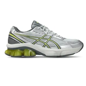 ASICS sneaker featuring a silver and grey color scheme with neon green accents and unique suspension-like heel support.