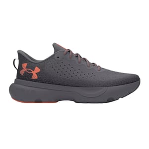 UA Infinite Running Shoes feature a dark gray mesh upper with perforations for breathability, orange accents, and a cushioned HOVR sole for comfort. The design includes a lace-up closure for a secure fit.