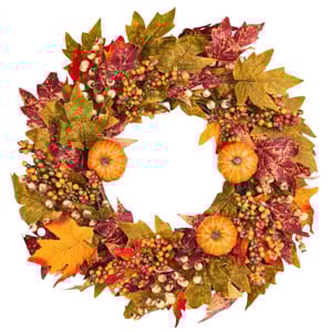 Autumn wreath featuring colorful leaves, small pumpkins, and berries in red, orange, and green hues.