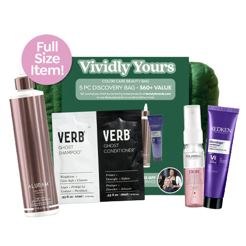 Vividly Yours Color-Care Beauty Bag offers a 5-piece set featuring Verb Ghost Shampoo and Conditioner, Aluram hydrating product, Redken Blondage Color Extend, and Goldwell Dualsenses Color Brilliance spray.