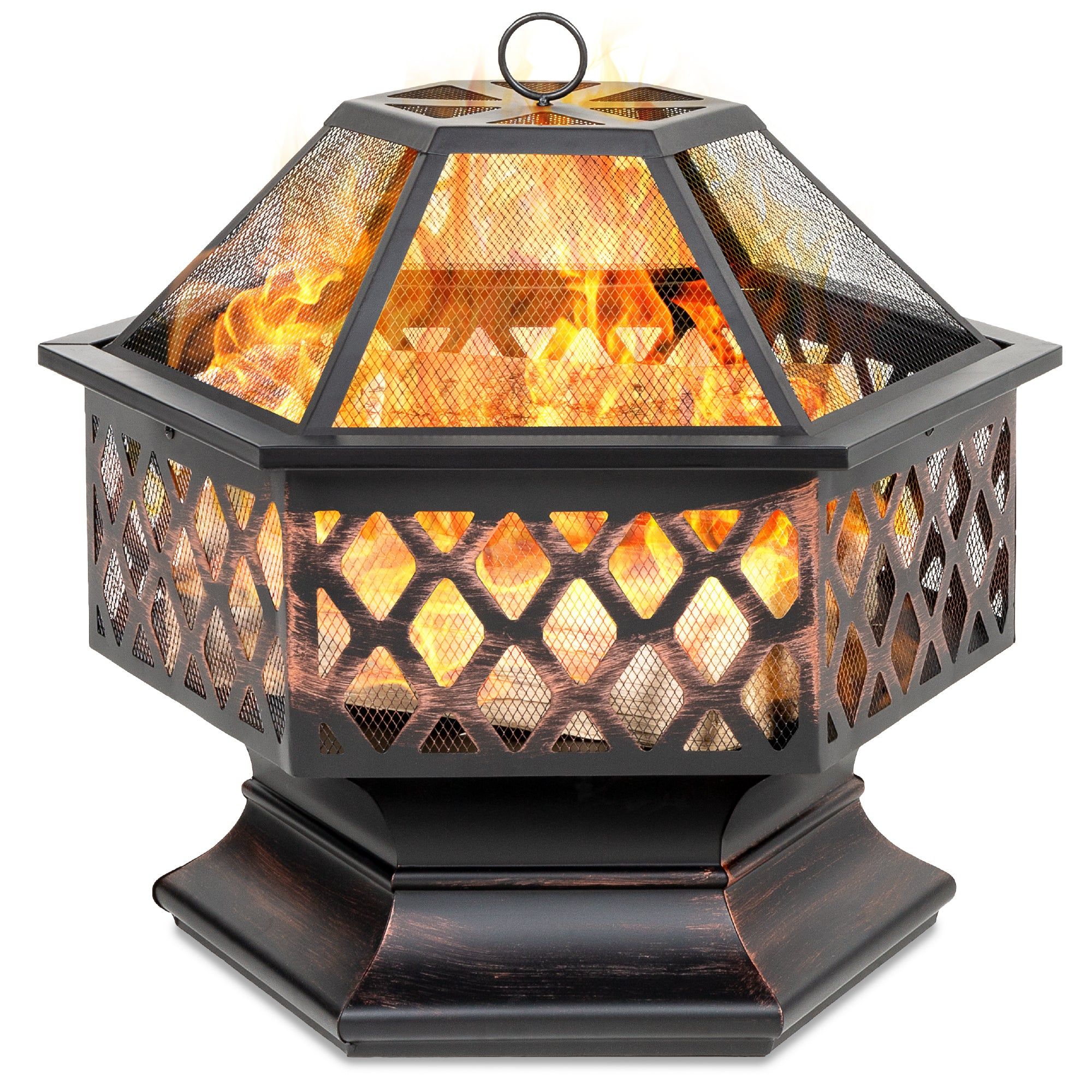A hexagon-shaped fire pit with a black finish and mesh sides featuring a diamond pattern, crowned by a mesh lid with a ring handle at the top.